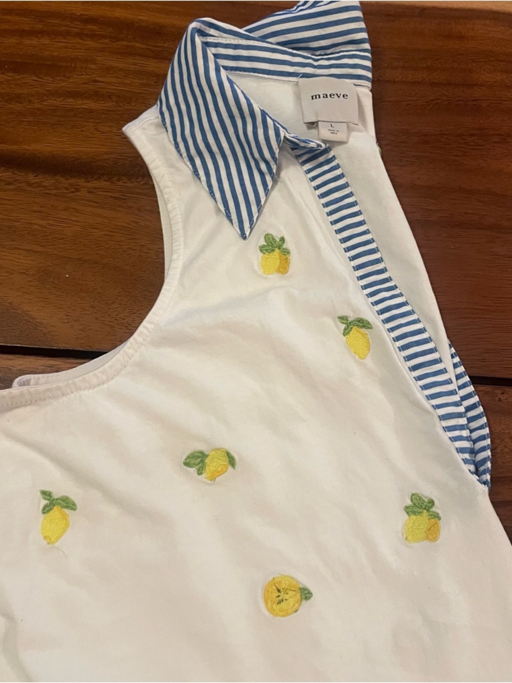 Maeve White Tank Top with Yellow Lemon Embroidery and Blue Striped Collar - Picture 4 of 4